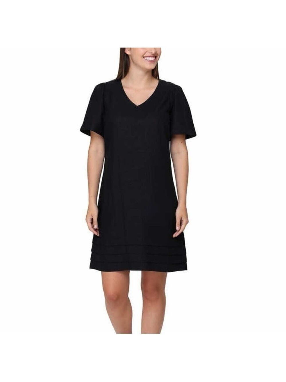 NEW-Nicole Miller Original Black LinenBlend, ShortSleeve, V-Neck Shirt Dress MD